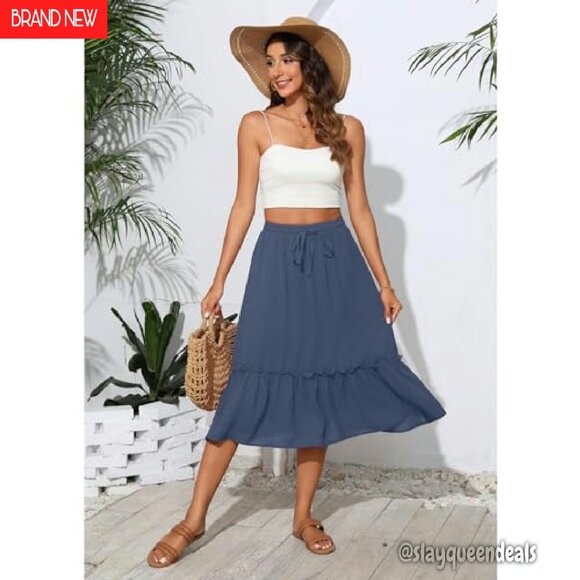 High Waist Tiered Midi Skirt with Pockets, Elastic Drawstring, Flowy Below Knee - Picture 7 of 8